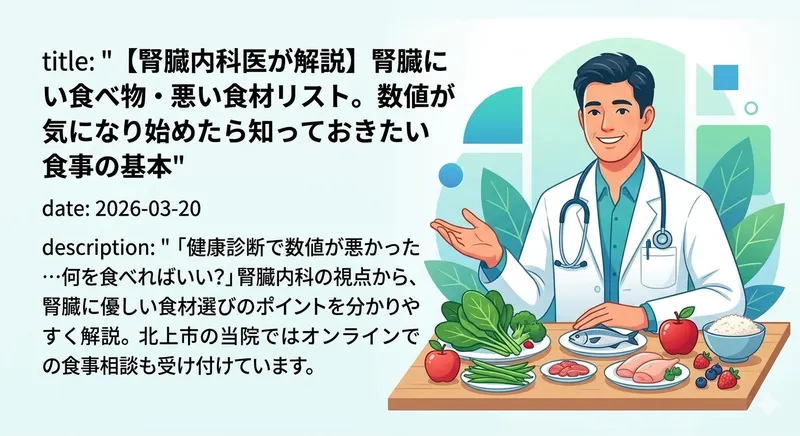 【きたかみ腎クリニック解説】腎臓にいい食べ物・悪い食材リスト。数値が気になり始めたら知っておきたい食事の基本