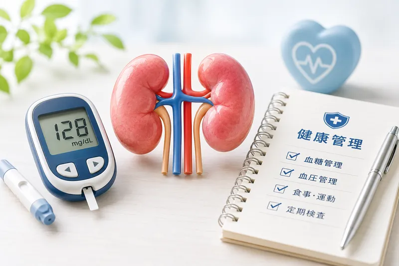 血糖測定器や腎臓のイメージを使い、糖尿病と腎臓病の関係を表現した
サムネイル画像。