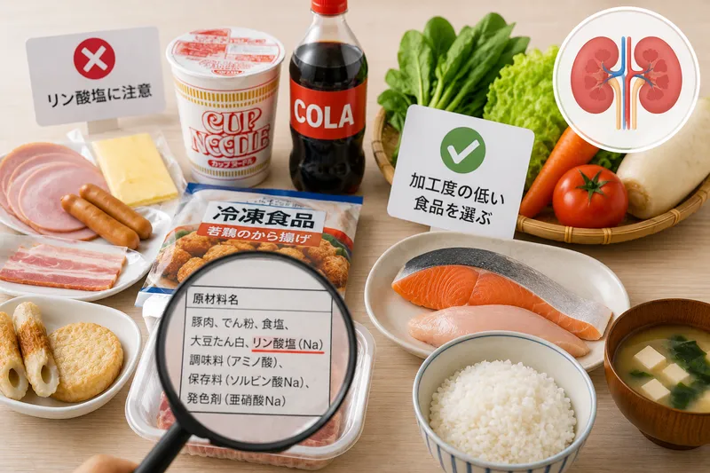 腎臓病におけるリン制限と、加工食品に含まれる食品添加物由来の隠れリンをイメージしたコンセプト画像
