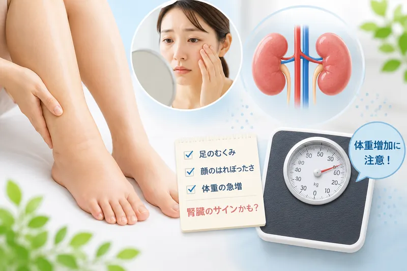 足のむくみと腎臓の関係、受診のタイミングを示す医療系サムネイル画像。