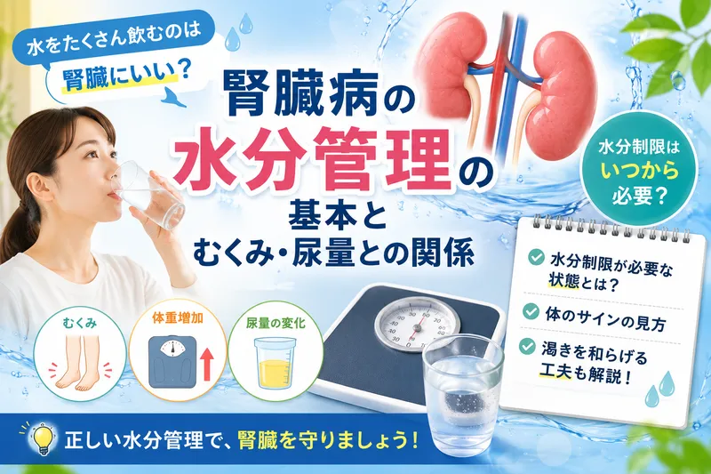 腎臓病患者の水分管理と体のサインを示す医療系サムネイル画像。