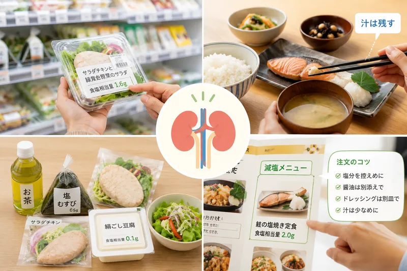 腎臓病患者がコンビニ食品や外食メニューを工夫して選んでいる様子をイメージした画像
